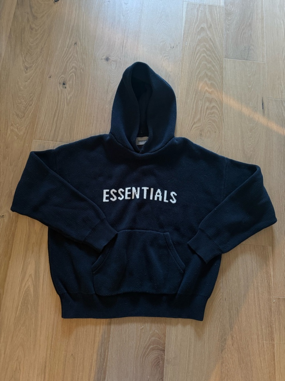 Essentials Knit Black Hooded Pullover with Subtle Logo Tag